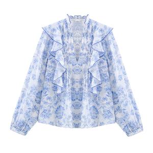 Chemisier à manches longues pour femme, imprimé floral, col en V, bleu et blanc, décontracté, avec volants, tissé, tendance pour le printemps, l'été et l'automne - Product Image 1