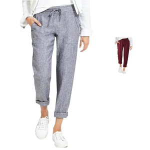 Pantalon décontracté taille haute en coton et lin pour femme, coupe ample avec cordon de serrage et poches, idéal pour l'automne, fabriqué sur mesure en toile - Product Image 1