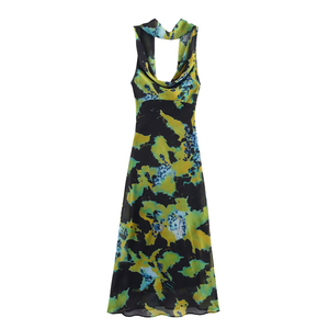 TAOP&ZA Été 2025 <span class=keywords><strong>Robe</strong></span> <span class=keywords><strong>Longue</strong></span> pour Femme à Fines Bretelles Larges Sans Manches Imprimée avec Col Plissé Décoratif Façon Foulard 3323308 - Product Image 1