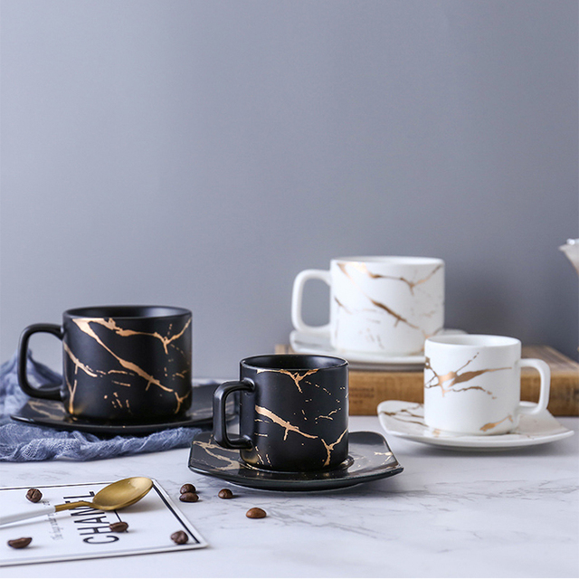 Factory Direct Sales Marble Matte Black/white  Golden Marble Design 4oz/8oz Ceramic Coffee Cups and Saucer Sets