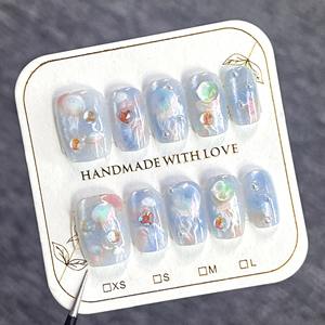 10 Pcs/set Ocean Blue Gradient Cat Eye Bubble Bead <b>Acrylic</b> Pre-designed <b>Glue</b> Almond Shape Nail Art Tips Press Nails Artificial - Product Image 1