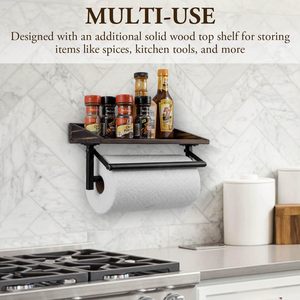 Wooden Wall-Mounted Storage Rack With <b>Paper</b> Towel Holder For <b>Kitchen</b> Seasonings And Supplies Brown Rectangle Durable - Product Image 4