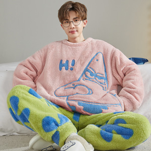 Conjunto de <span class=keywords><strong>Pijama</strong></span> de Felpa Suave para <span class=keywords><strong>Hombre</strong></span>, Cuello Redondo, Manga Larga, Talla Grande, Ropa de Dormir para Invierno - Product Image 6