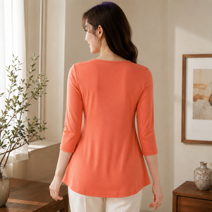 Camiseta de punto de manga tres cuartos con cuello redondo naranja para mujer, corte holgado, plisada, informal, para primavera y verano - Product Image 2