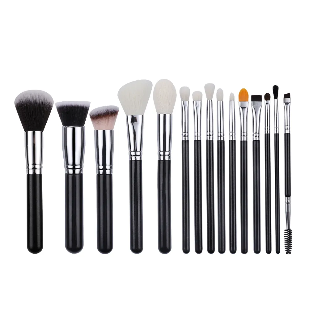 Eigenmarke Kosmetik Make-up Pinsel-Set schwarz 15 Stück Naturhaar Holzgriff Grundierung Rouge Augenbraue Augenlider Pinsel-Set