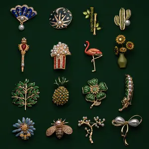 Fashion Jewelry Accessories Cactus Sunflower Flower Bee Pineapple Flamingo Designer Brooches For Women Hijab Pin Wholesale