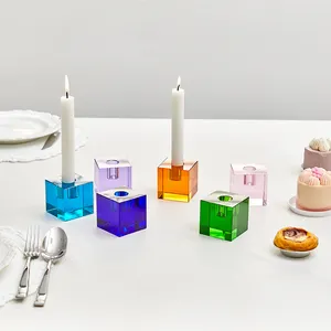 Factory Custom Home Decoration Colorful Glass Tealight Candlestick Cute Square Crystal Glass Candle Holders