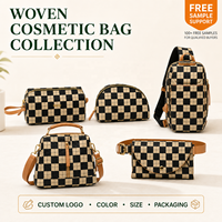 Pochette cosmétique tissée avec logo personnalisé, en cuir PU noir et beige à carreaux, trousse de maquillage, trousse de toilette de voyage, organiseur de beauté, OEM ODM