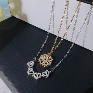Collier pendentif trèfle à quatre feuilles/coeur, double usage, en argent, avec zircon cubique, breloque magnétique - Product Image 1