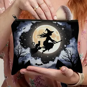 Trousse de <span class=keywords><strong>Maquillage</strong></span> en Toile à Fermeture Éclair Thème Halloween Forêt Enchantée, Chat <span class=keywords><strong>Sorcière</strong></span> et Pleine Lune, avec Motifs Chauves-Souris et Étoiles - Product Image 4