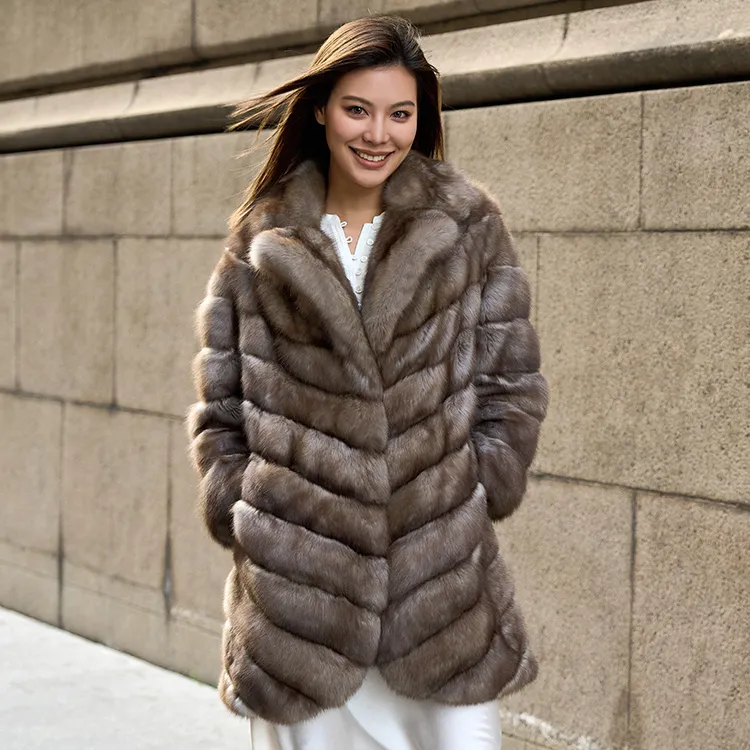 Fabrika lüks sıcak satış hakiki vizon kürk sıcak uzun boy siper kalın sıcak kış gerçek samur kürk ceket kadınlar için