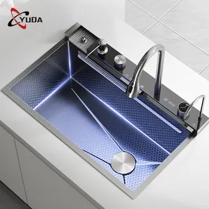 Fregadero de cocina de acero inoxidable moderno de lujo Nano negro Pantalla digital Led antiarañazos Fregadero de cocina de cascada