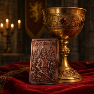 Barre commémorative en cuivre fin .999 de 1 oz, série Légende Arthurienne, avec relief 3D personnalisé du Roi <span class=keywords><strong>Arthur</strong></span> et Merlin, idéale pour un cadeau. - Product Image 3