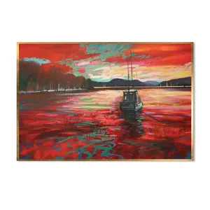 Hand Painted Monet red Cloud Wall Art Red Sky Sea Canvas Painting on Canvas Boat Landscape Oil Painting for Decor