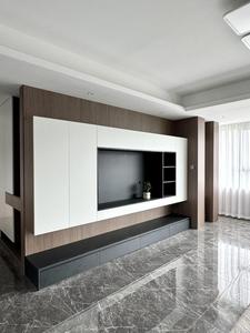 Meuble TV mural <span class=keywords><strong>avec</strong></span> rangement, moderne, blanc, tiroirs intégrés et étagères ouvertes pour salon, sur mesure - Product Image 1
