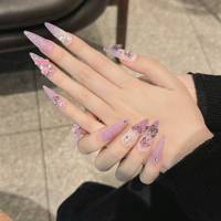 Conception #2448 de gros personnalisé longues gouttelettes français 3D fleur papillon violet presse sur les ongles acrylique ongles artificiels Art