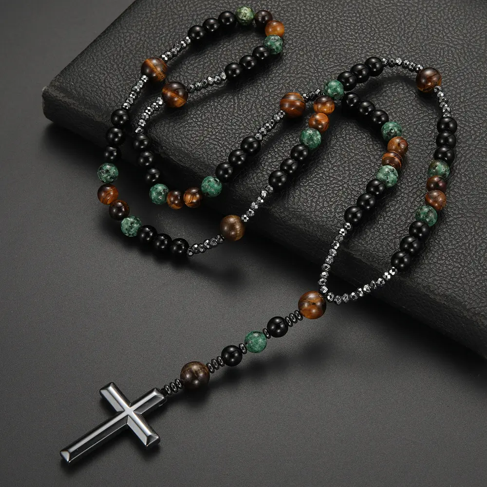 2024 African Turquoise Black Agate Yellow Tiger Eye Beads Long Necklace Pray Blessing Christian Cross Necklace For Men