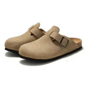 Custom Logo Men's Slippers Flat Clog Sandals With Close Toe Solid Color Suede Pu Leather Cork Sole Rubber Outsole Sandals