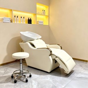 Fauteuil de lavage électrique professionnel moderne pour salon, réglable, avec bac en céramique, repose-pieds en similicuir et design lavable - Product Image 1