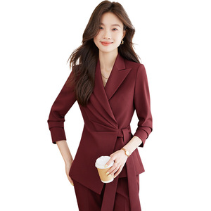 Ankola Women's Red Suit Set Autumn Polyester Satin Three Quarter Sleeve Office Lady Anti-Wrinkle Elegant Fashionable - Product Image 5