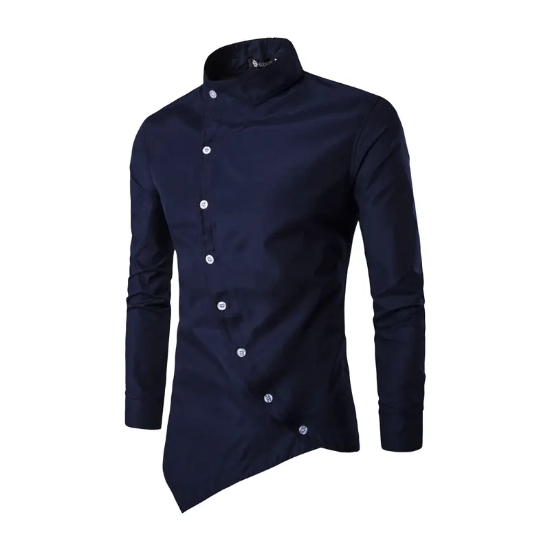 Men's new style front design shirt long sleeve stand collar button solid color casual shirt