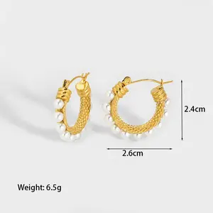  Cổ Điển Sang Trọng Nontarnish Không Dị Ứng 18K Vàng Mạ Thép Không Gỉ Surround Ngọc Trai Cáp Dây Hoop Bông Tai Yf3396