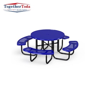 Table de pique-nique commerciale en acier pour parc extérieur avec banc, table de pique-nique ronde en métal pour terrasse extérieure, café, jardin - Product Image 4