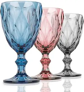 Wholesale Best Selling Wine Glasses Wedding Party Colored Machine Pressed Vintage Glass Goblets Embossed Design Glassware 345 ML