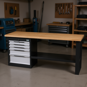 Banco de trabajo con tablero de madera y cajones metálicos de 131 cm de ancho para uso en taller - Product Image 3