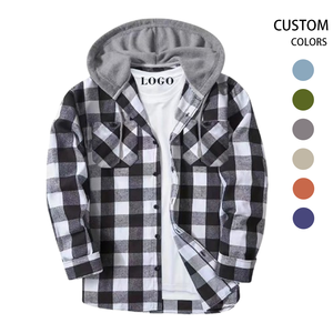 Printemps Automne Garçons Flanelle Chemises À Capuche Manches Longues Boutonnée Plaid Hoodies - Product Image 2