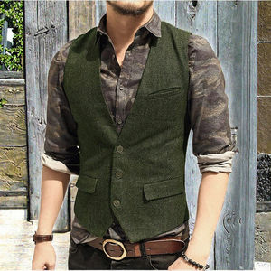 Gilet en tweed de laine pour homme, coupe ajustée, col en V vintage à chevrons, pour tenue formelle et décontractée, gris - Product Image 2