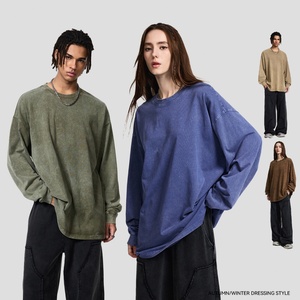 Camiseta de Manga Larga Personalizada al por Mayor, Estilo Vintage, 100% Algodón, Efecto Desgastado por el Sol, Lavado Ácido, Cuello Redondo Acanalado, Corte Holgado, Estilo Retro de los 80s y 90s - Product Image 2