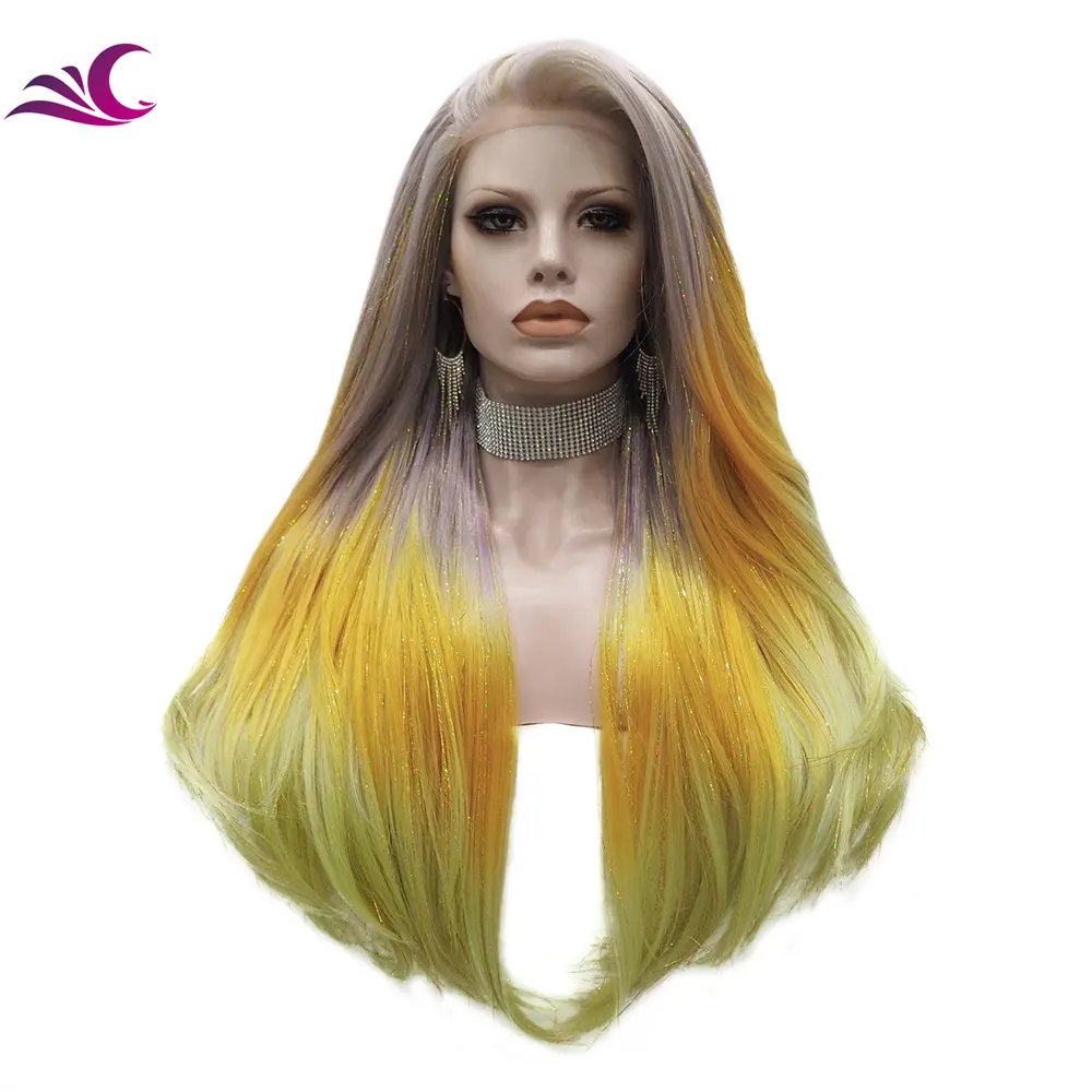 Célébrité lavande violet ombre blonde couleur perruque ajouter paillettes tinsel cheveux premium perruque de cheveux synthétiques pour cosplay halloween