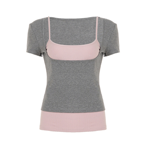 Top Básico Versátil de Dos Piezas con Bloques de Color, Camiseta Casual de Punto de Manga Corta para Mujer - Product Image 6