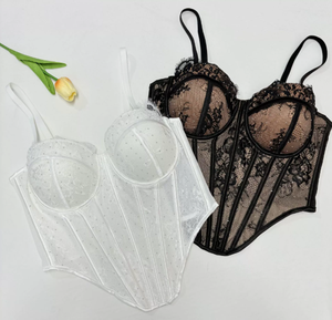 Lingerie Saint-Valentin : <span class=keywords><strong>Soutien</strong></span>-<span class=keywords><strong>gorge</strong></span> sexy et Corset Top Saint-Valentin en dentelle noire orné de strass, fin, respirant, haut de gamme, push-up, avec baleines et crochets robustes, logo - Product Image 3
