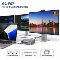Base de Conexión USB C 14 en 1 con Triple Pantalla MST, 2x HDTV 4K60Hz + DP, 120W PD, USB3.1 de 10Gbps, LAN Gigabit, SD y TF para MacBook y Windows