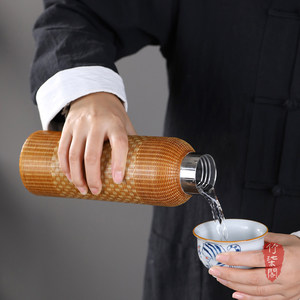 Bamboo Woven Insulated Water <b>Bottle</b> Stainless Steel <b>Thermos</b> Portable Outdoor Camping Hot Water Flask Straight Cup Screw Cap - Product Image 5