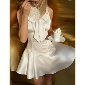 Vestido Corto Elegante de Satén para Mujer, con Detalle de Lazo, Sin Mangas, Ajustado a la Cintura, para Fiesta o Noche - Product Image 2