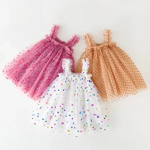 Conyson Váy Mới Cho Cô Gái Quần Áo Mùa Hè Halter Polka Dot Sequins Lưới Cô Bé Ăn Mặc Dễ Thương Công Chúa Bóng Gown Puffy Váy