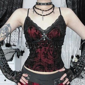 Gothic Punk Grunge hairy Core <span class=keywords><strong>estetica</strong></span> Y2k abbigliamento gotico maglia di pizzo Halloween a maniche corte camicie Sexy con spalline sottili - Product Image 3