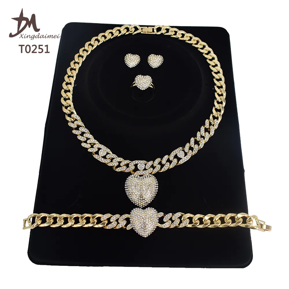 T0251 Wholesale set jewelry gold 18k 4piece Cuban chain HEART gold plating jewelry 18k jewelry set