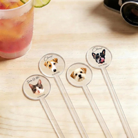Agitateur à cocktail personnalisé en acrylique transparent avec photo de visage d'animal (chien, chat) découpé au laser pour fêtes, mariages, anniversaires