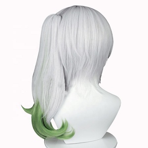 Perruque de cosplay <span class=keywords><strong>Nahida</strong></span> Genshin Impact Anime, 50 cm, longue, bouclée, argentée et verte, résistante à la chaleur, avec une queue de cheval, vente en gros - Product Image 6