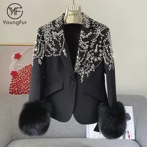 2020时尚时尚Bling Bling钻石手工女式西装外套，配以狐狸毛饰边