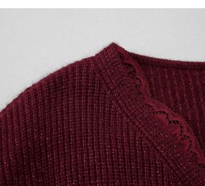 Maglione aderente da <span class=keywords><strong>donna</strong></span> Chic <span class=keywords><strong>bordeaux</strong></span> a vita sottile e manica lunga con scollo a V in pizzo Splicing Sexy e temperamento-maglieria - Product Image 3