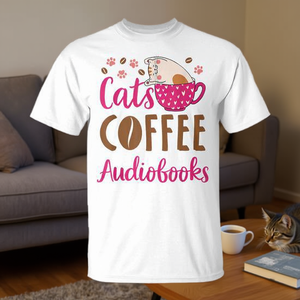 Camiseta para amantes de los gatos, audiolibros de café y gatos, regalo para mascotas, para mujeres y hombres - Product Image 3