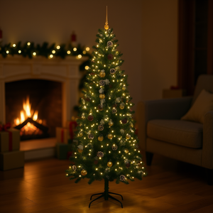 Sapin de Noël artificiel vert de 82,68 pouces avec 300 lumières LED pour décoration intérieure - Product Image 2