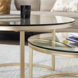 SENYU Ensemble de 2 tables basses rondes avec plateau en verre et structure en laiton, mobilier de salon contemporain, style design moderne - Product Image 4