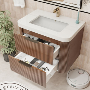 Mobile <span class=keywords><strong>Bagno</strong></span> Sospeso Marrone Scanalato con Specchio e Lavabo in Ceramica Bianca - Vendita all'Ingrosso - Product Image 4