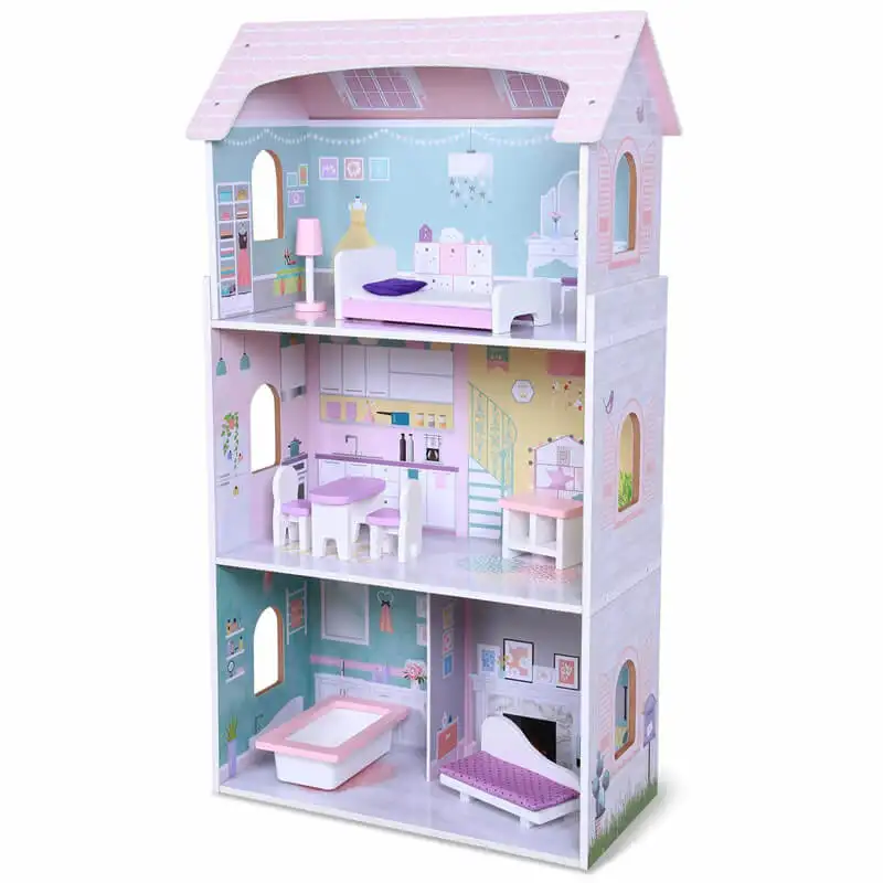 Casa de juguete de maquillaje de imitación de madera, alta calidad, triple tienda, 8 piezas, muebles en miniatura, venta al por mayor
